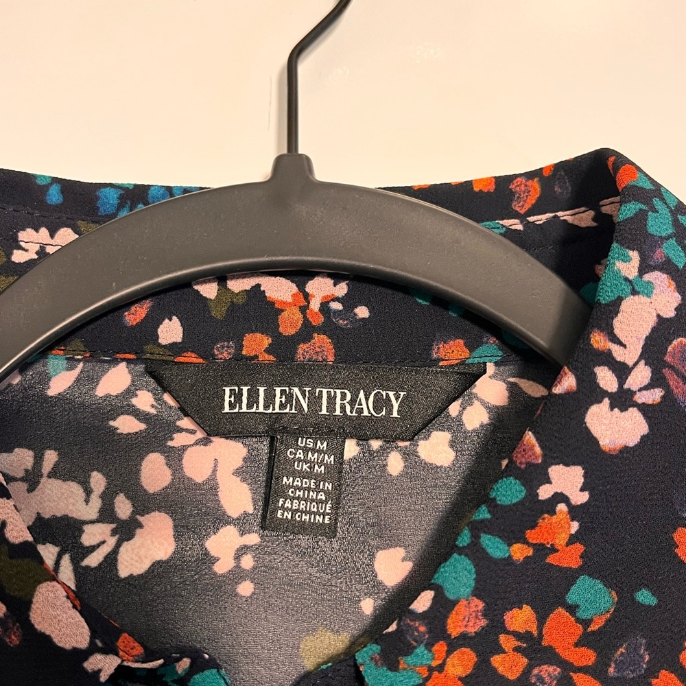 Ellen Tracy Chic Sheer Long Sleeve Blouse, Sz M, Brown With Fall Colored Flowers - Picture 3 of 6